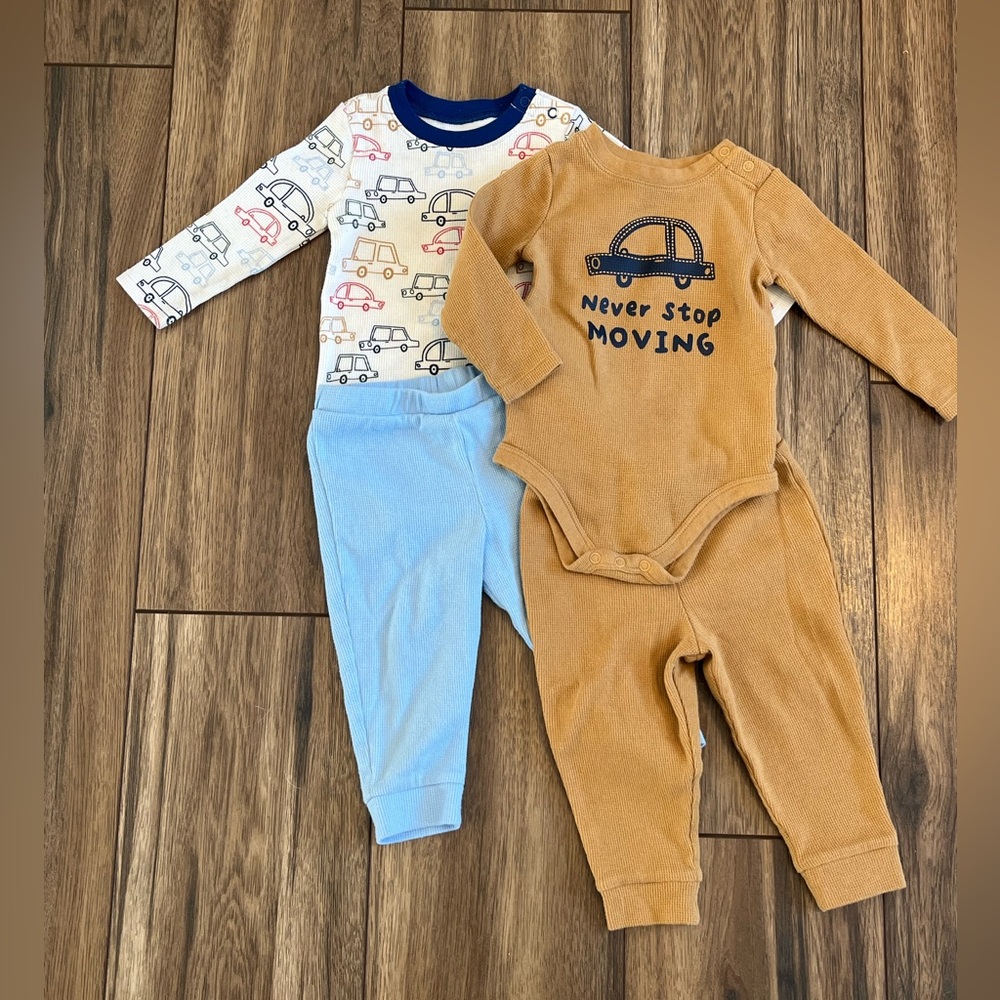 Garanimals Boys Blue & Tan Cars Waffle Knit Baby Outfit Bundle, Size 12 Months